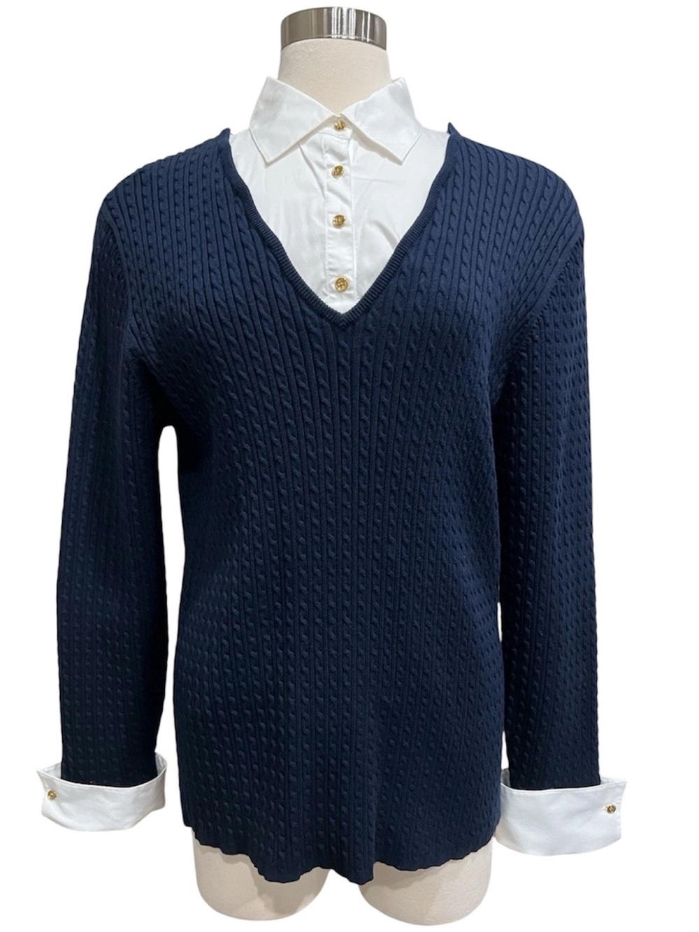 Jones New York Navy Cable Knit Sweater 3X layered Button Collar